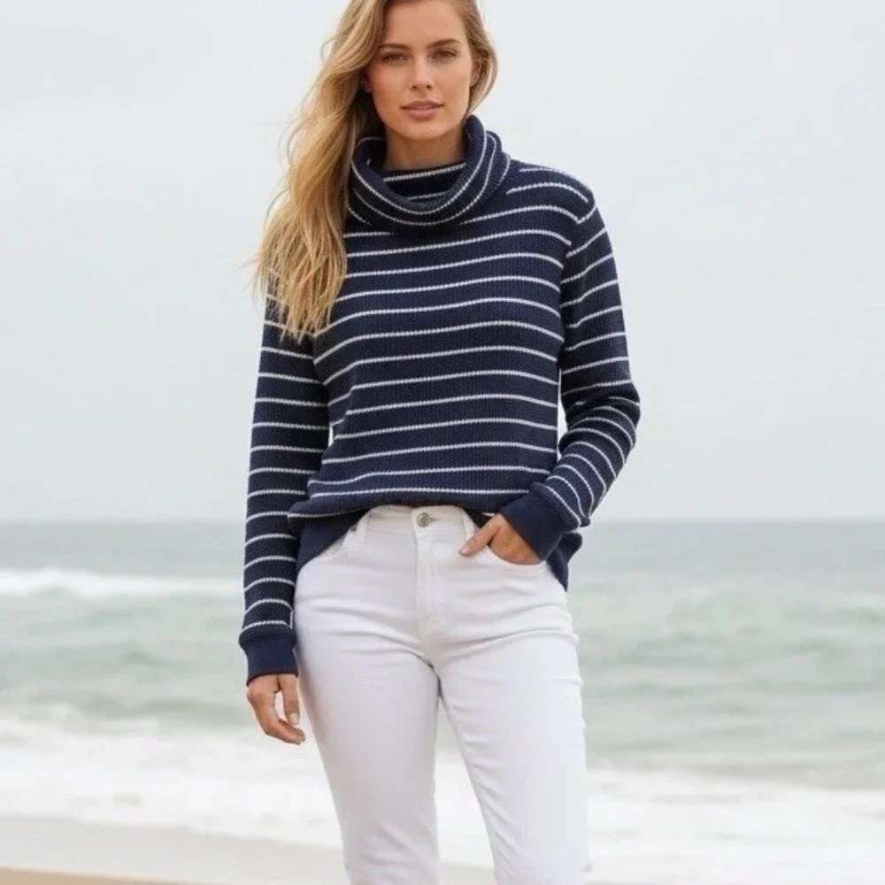 LL Bean Waffle Knit Striped Nautical Coastal Cowl Neck Sweater S